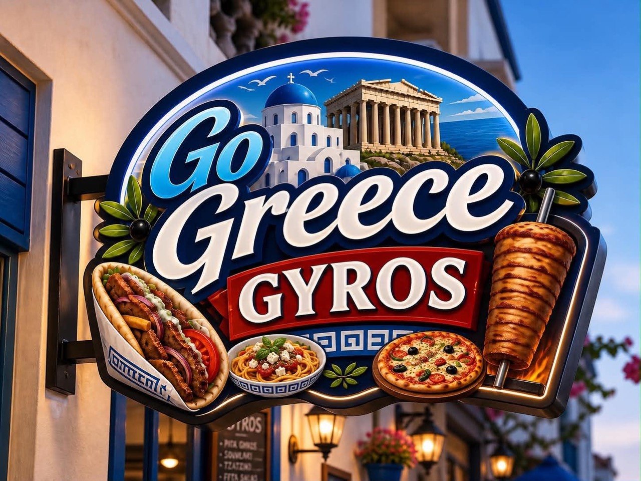 Go Greece Gyros skylt med gyros, pasta och pizza